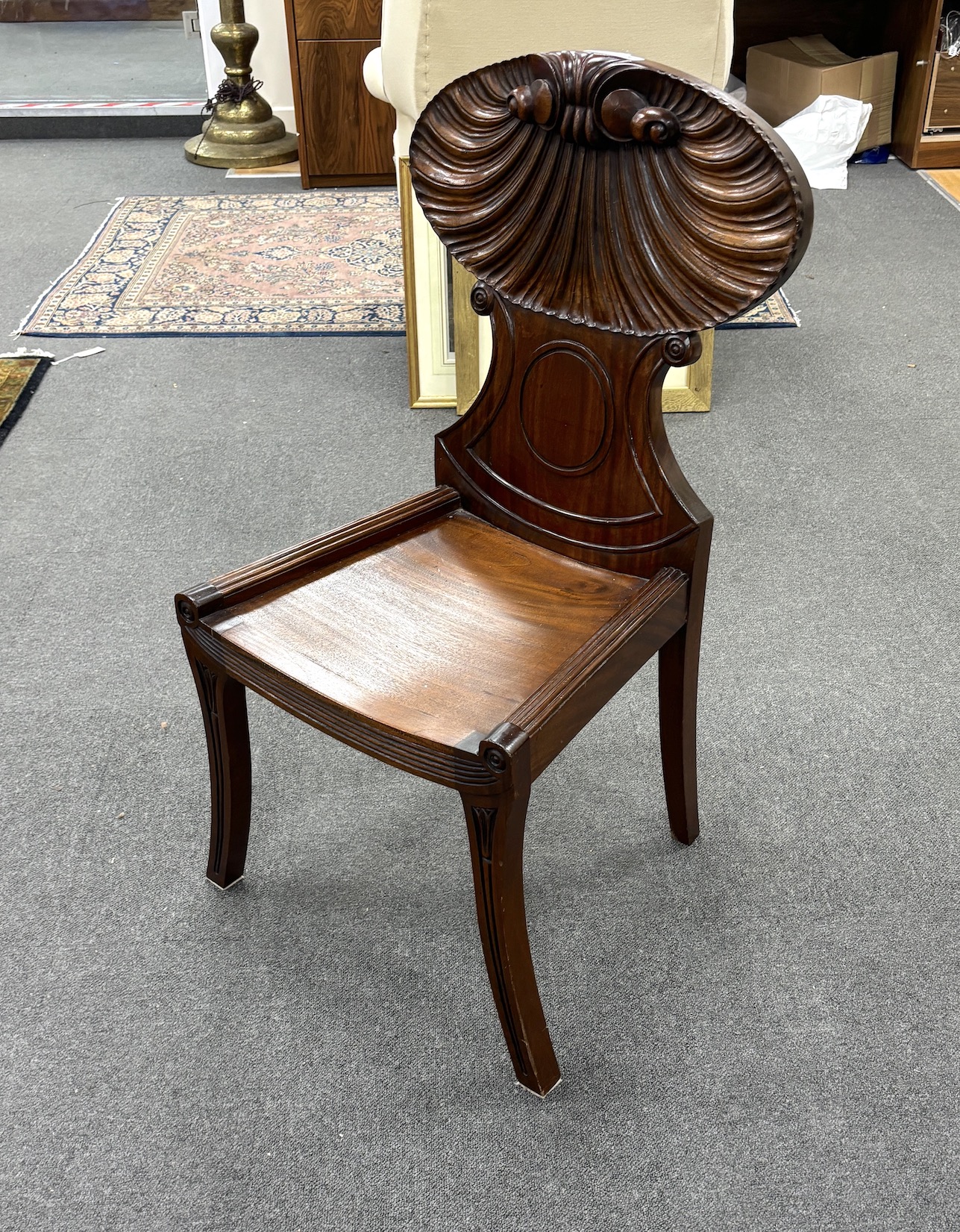 A George III style mahogany hall chair, width 39cm, depth 42cm, height 97cm